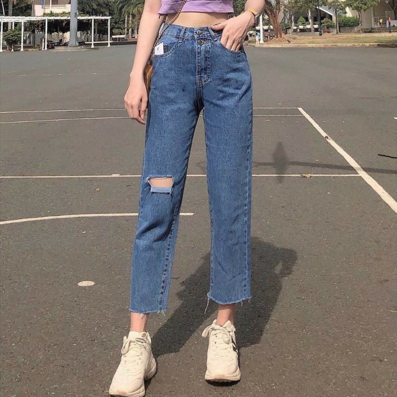 Quần Jean Nữ Baggy rách 2 bên gối , tua lai xanh đậm | BigBuy360 - bigbuy360.vn