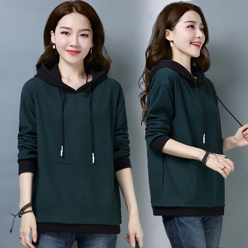 Áo Hoodie Tay Dài Dáng Rộng Phối Màu Sắc Tương Phản Size L-5XL Thời Trang Xuân Thu Cho Nữ