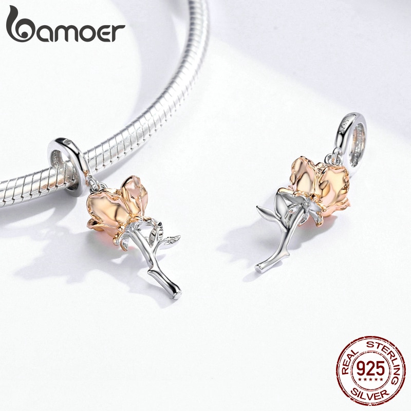 Hạt charm BAMOER BSC147 bằng bạc 925 hình bông hoa màu vàng hồng trang trí đồ trang sức