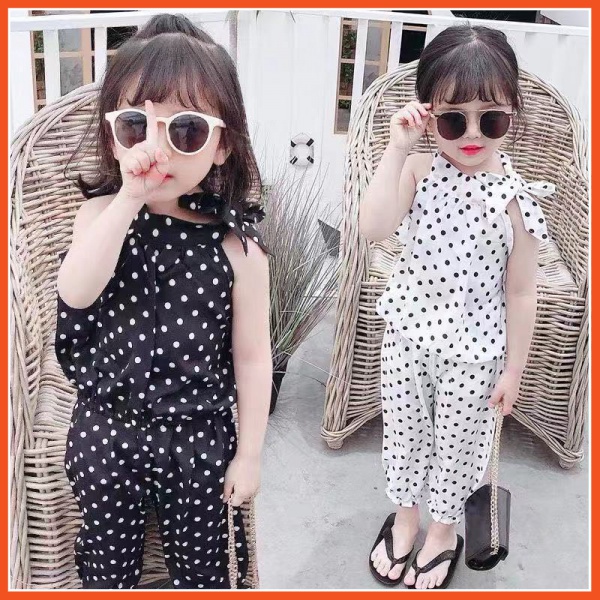 Set đồ mùa hè 2 món gồm áo họa tiết chấm bi + quần dành cho bé gái 0-5 tuổi