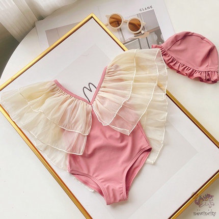 Bộ Đồ Bơi Một Mảnh Hở Lưng Phối Lưới Phong Cách Hàn Quốc Ngọt Ngào Cho Bé Gái