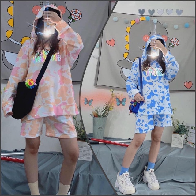 Set Hoodie Loang Màu Đùi Chữ Phản Quang/Cartoon Suit Phản Quang Ảnh Thật