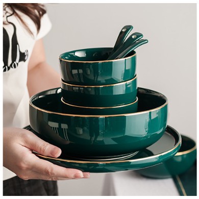 Hàng có sẵn bộ chén bát màu xanh cổ vịt viền vàng phong cách bắc âu
