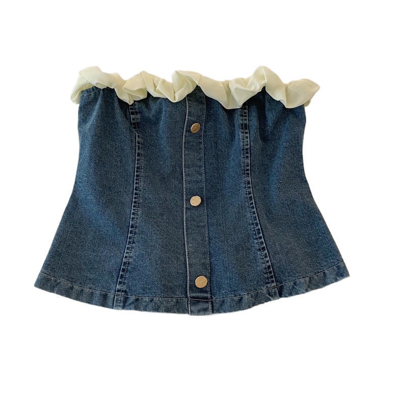 Áo Ống Ngắn Chất Liệu Denim Viền Ren Mới Cho Nữ