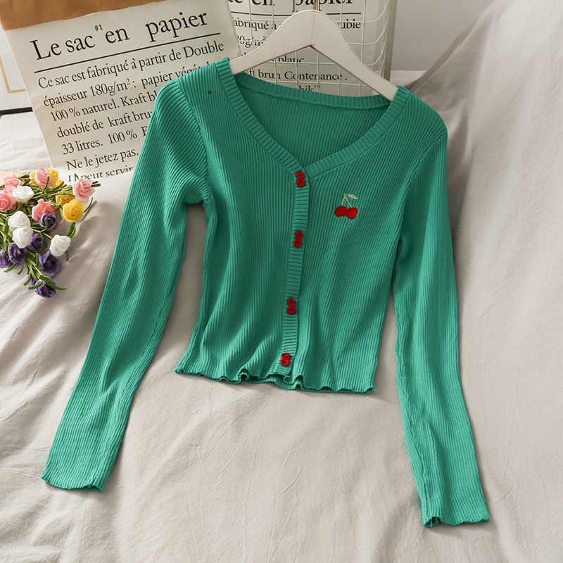 Áo Dệt Kim Tay Dài Cổ Chữ V Thêu Hình Trái Cherry Ngọt Ngào Cho Nữ