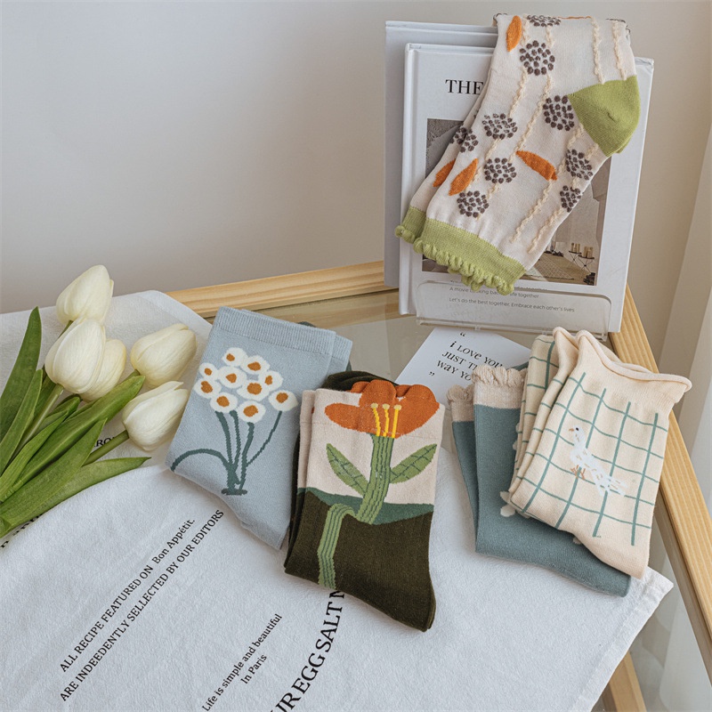 Vớ Cotton Mỏng Họa Tiết Hoa Xinh Xắn Thời Trang Mùa Xuân Cho Nữ