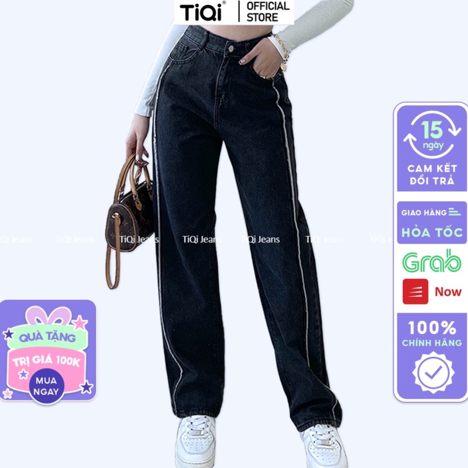 Quần jean ống rộng nữ lưng cao sọc trắng form suông hack dáng xám đen TiQi Jeans B2-229