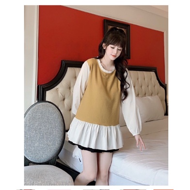 Áo bầu tay dài giả hai lớp phong cách Hàn Quốc sang chảnh dành cho mẹ bầu