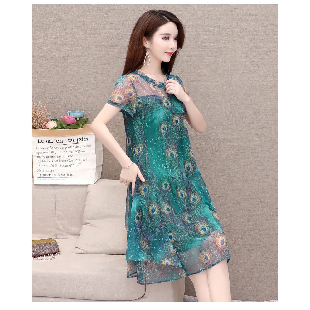 [Hàng đẹp xả giá rẻ] Đầm trung niên vải Chiffon mát, họa tiết chim công sắc nét