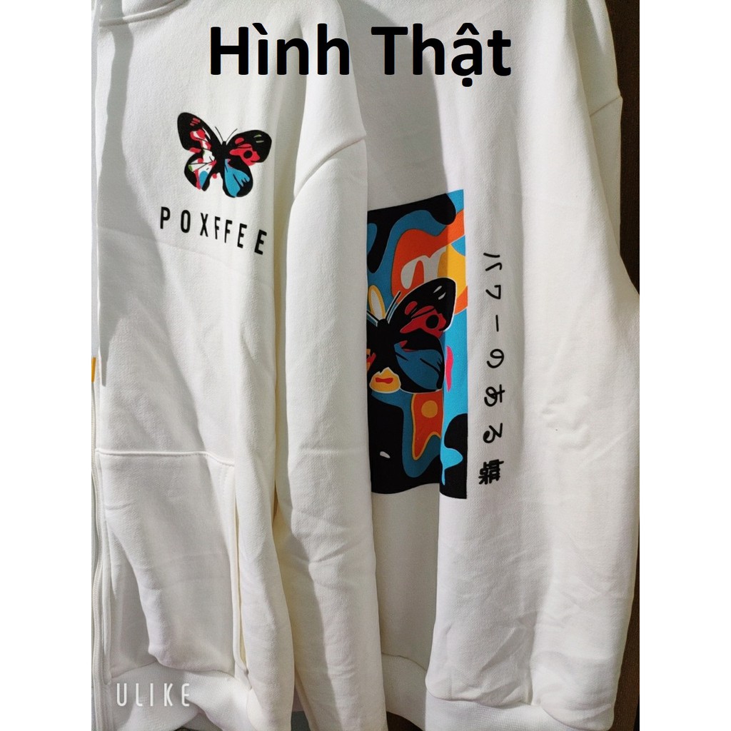 Áo Hoodie Form Rộng Khóa Kéo Chất Nỉ Thun In Hình Bươm Bướm Mềm Mịn Không Xù Lông