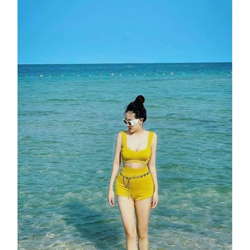 [Siêu Hot] Set Đi Biển Vàng Siêu Xinh, Bộ Vàng Áo 2 Dây Mix Quần Cạp Cao Có Ảnh Thật Kèm Video | BigBuy360 - bigbuy360.vn