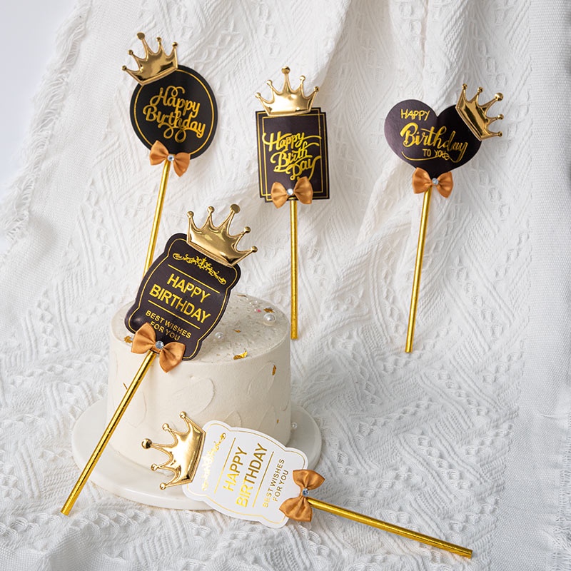 Que Cắm Trang Trí Bánh Kem Chữ Happy Birthday Hình Vương Miện Màu Vàng Đồng Phong Cách Châu Âu