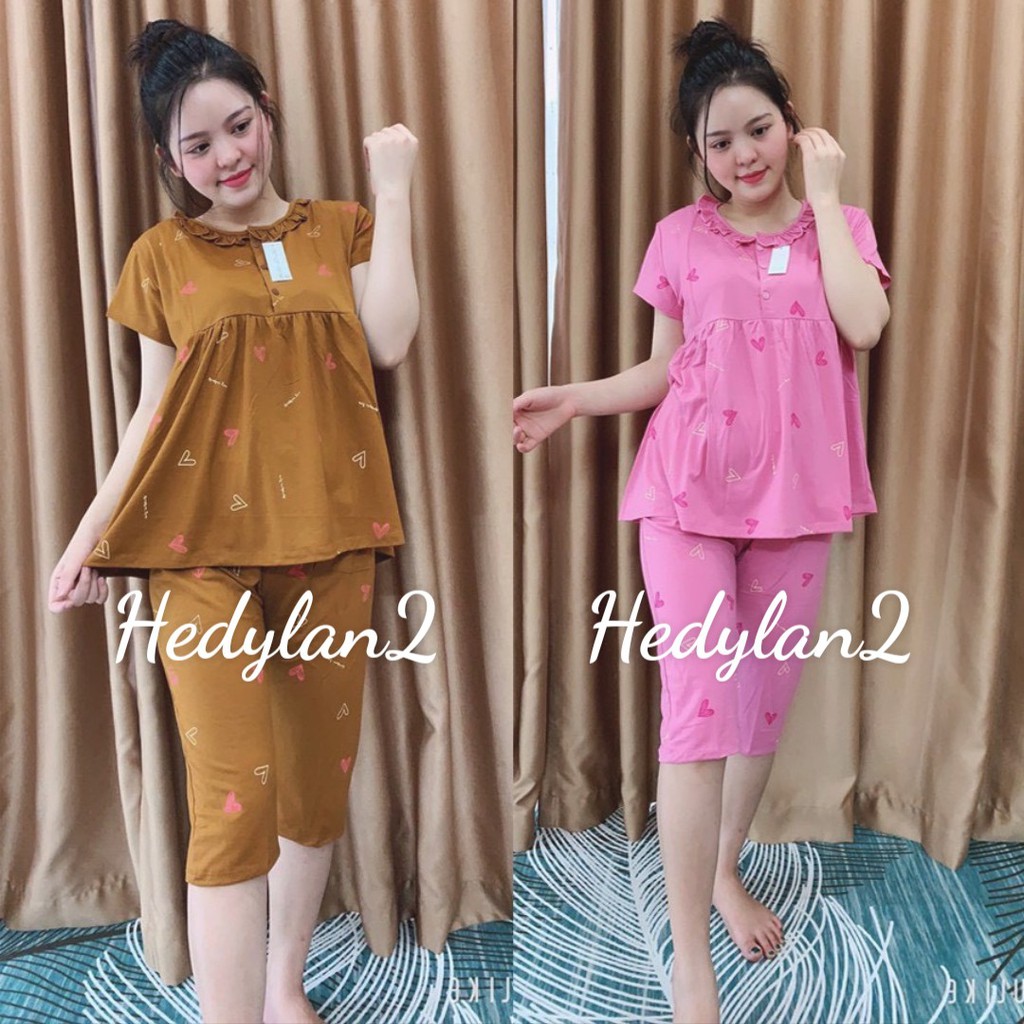 Bộ bầu Lửng tim cổ bèo xinh xắn cho mẹ bầu mặc hè - Bộ đồ bầu sau sinh chất cotton có khoá kéo ti cho con bú