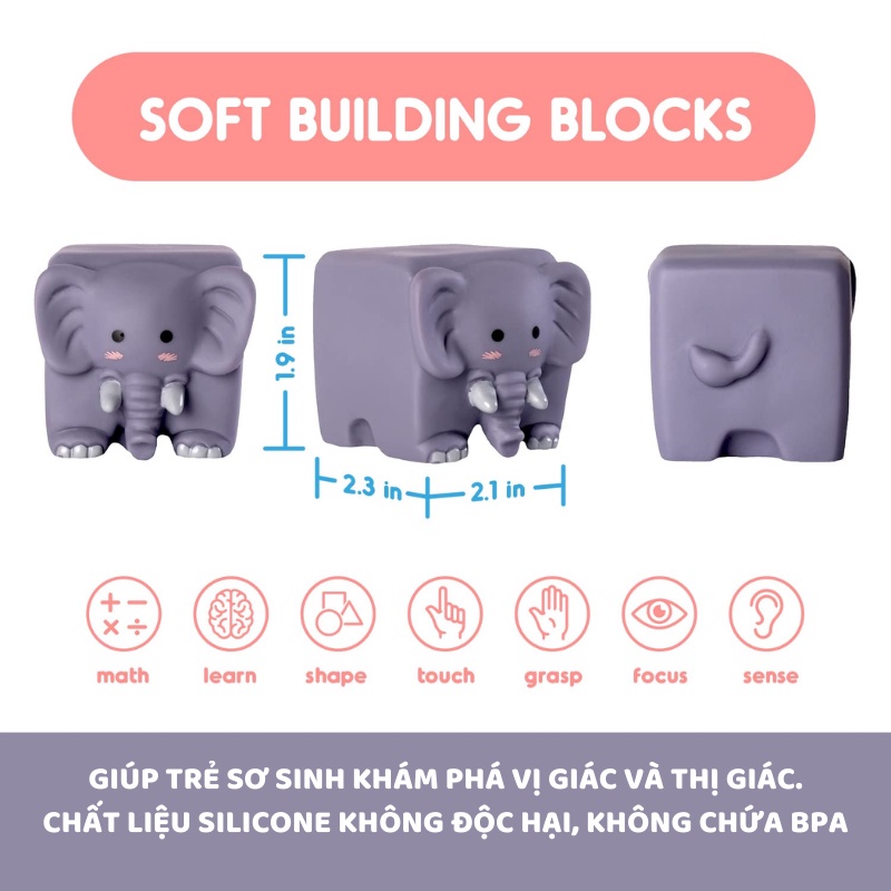 Đồ chơi khối lập phương bằng cao su mềm, đồ chơi nhà tắm hình động vật đáng yêu cho bé Dino