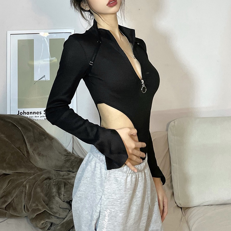 Bộ áo liền quần dài tay cổ đứng phối khóa kéo nửa thân quyến rũ cho nữ
 | BigBuy360 - bigbuy360.vn