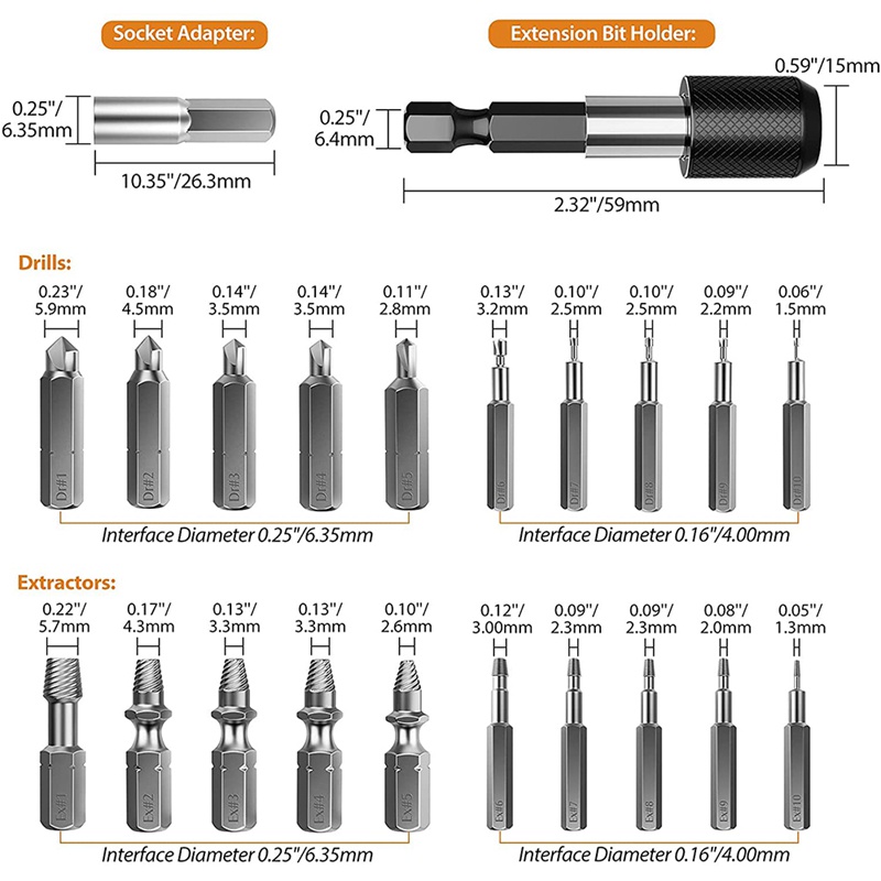 Bộ 22 Dụng Cụ Tháo Ốc Vít Bị Hỏng HSS Kèm Đầu Nối Và Ổ Cắm