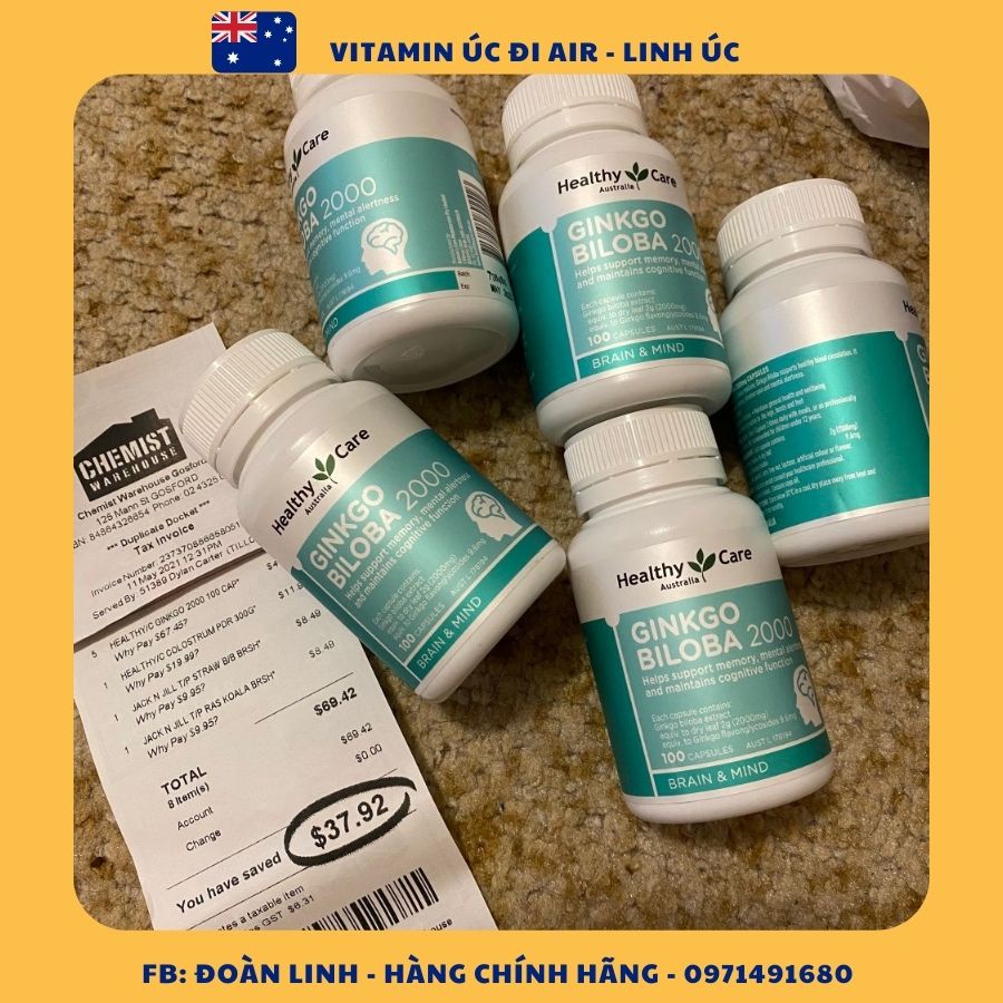 Bổ não Ginkgo biloba 2000mg Healthy Care 100v - Úc, Hàng Chuẩn Úc Đi Air