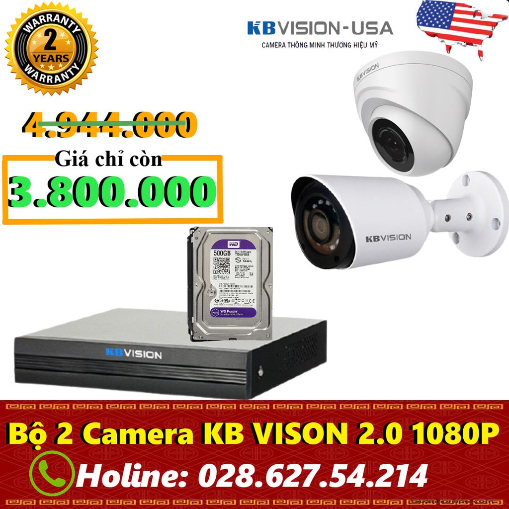 Trọn bộ 1-4 mắt camera 2MP KBVISION Full HD 1080P, hồng ngoại 20m, đầy