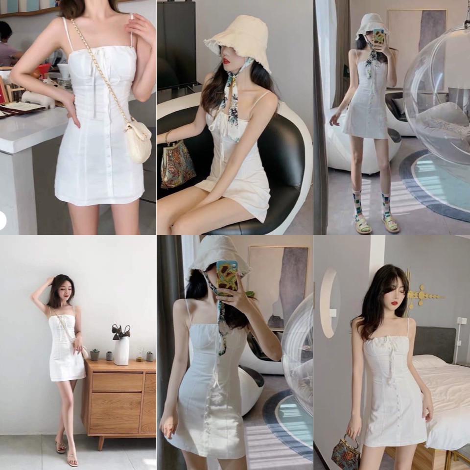 ĐẦM HAI DÂY TRẮNG CÓ MÚT NGỰC VÀ LÓT TRONG SAU LƯNG BO CHUN - ĐẦM KIỂU NÚT GIỮA CỘT NƠ ( kèm ảnh trải sàn ) | BigBuy360 - bigbuy360.vn