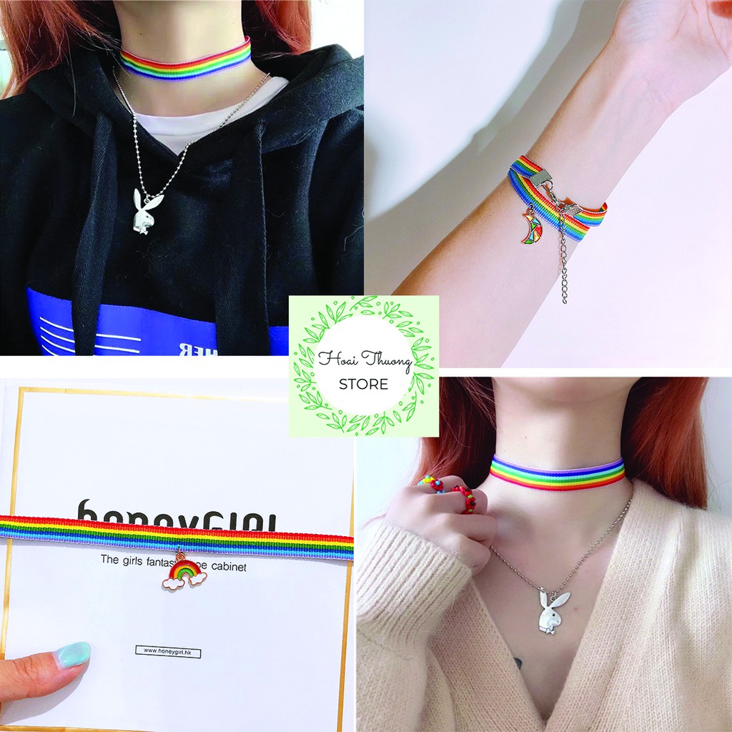 Vòng cổ Choker cầu vòng cực dễ thương phiên bản Hàn Quốc, có thể làm vòng tay