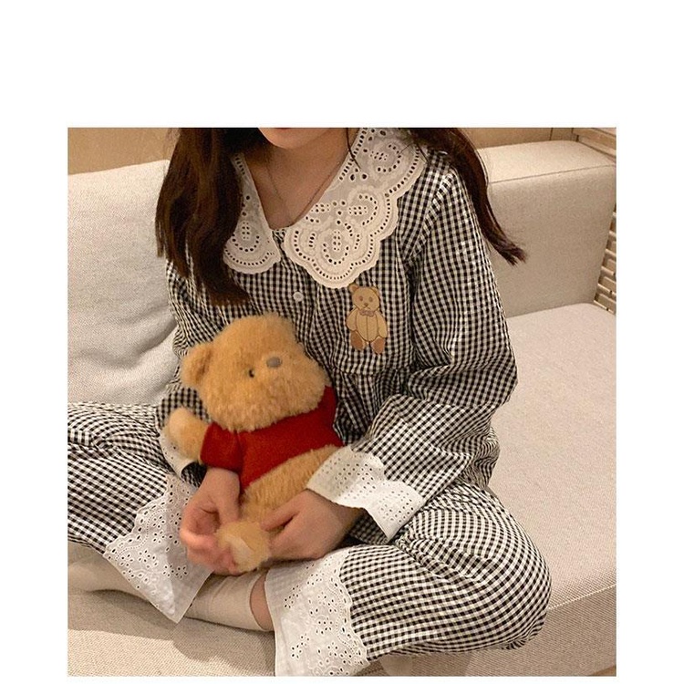 Set đồ ngủ tay dài phối ren họa tiết sọc caro phong cách Hàn Quốc thời trang dễ thương cho nữ | BigBuy360 - bigbuy360.vn