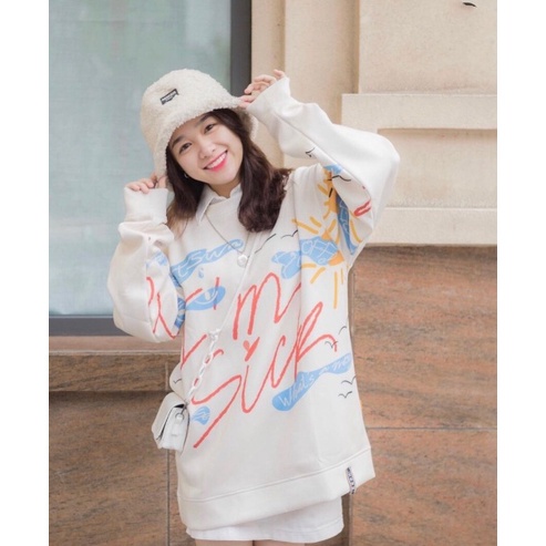 Áo Thun Sweater Nỉ Nữ Trắng Sky IM SICK 61kg - Dài Tay Dáng Rộng G0101