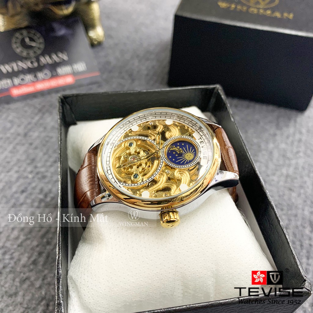 Đồng hồ cơ nam dây da cao cấp Tevise T820A-2 full box, mặt kính sapphire chống xước, chống nước, bảo hành 03 năm