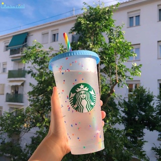 Bộ ly uống nước hình Starbuck đổi màu chất liệu nhựa PP tái sử dụng kèm ống hút 24oz/700ml