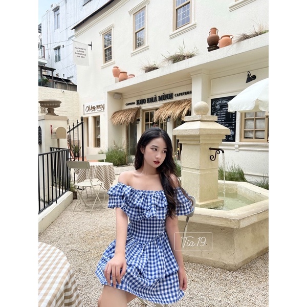 Váy kẻ caro xanh trễ vai Tia19. Đầm rớt vai ulzzang dáng xoè