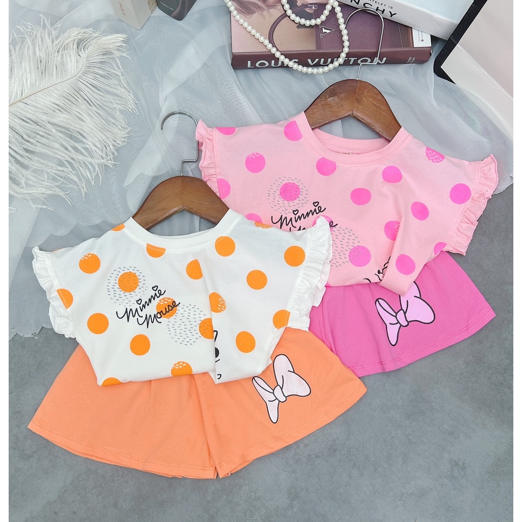 Bộ cộc tay bé gái chất cotton chấm bi tay bèo quần giả váy cho bé