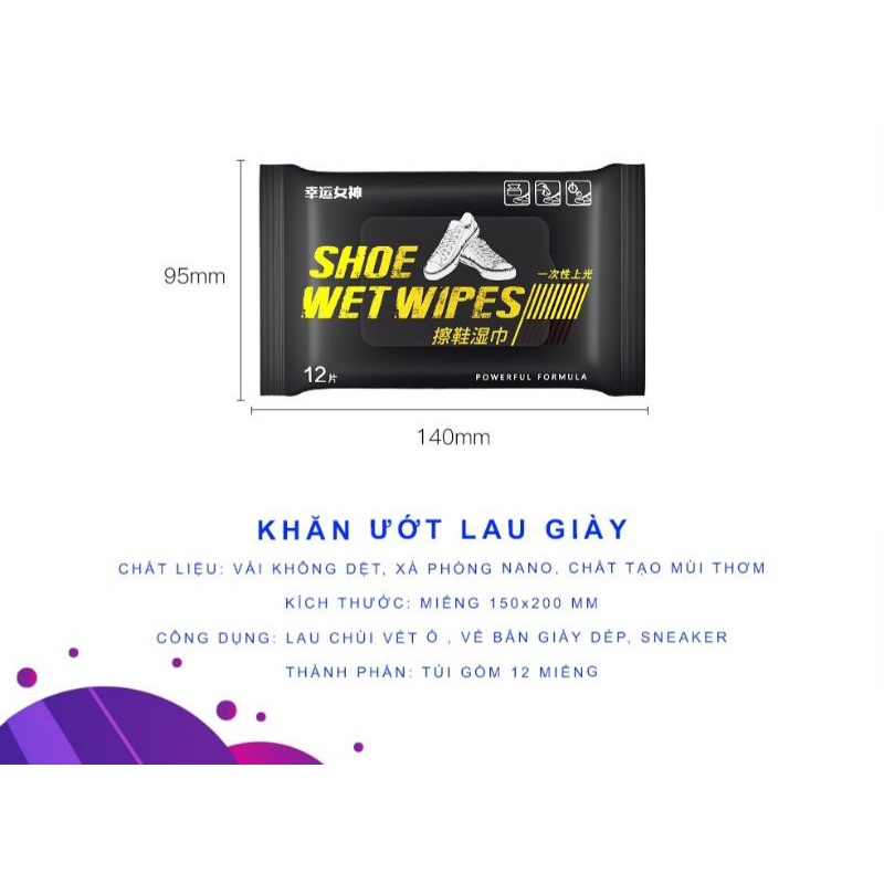 Khăn Lau Giày SHOES WET WIPES Đen (12 khăn) - Làm Sạch Vết Bẩn Trên Giày