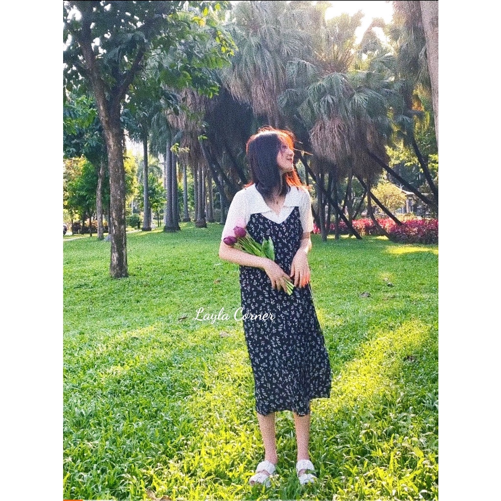 Váy 2 dây hoa nhí Vintage thiết kế dài qua gối dáng suông cho nàng thơ mùa hạ