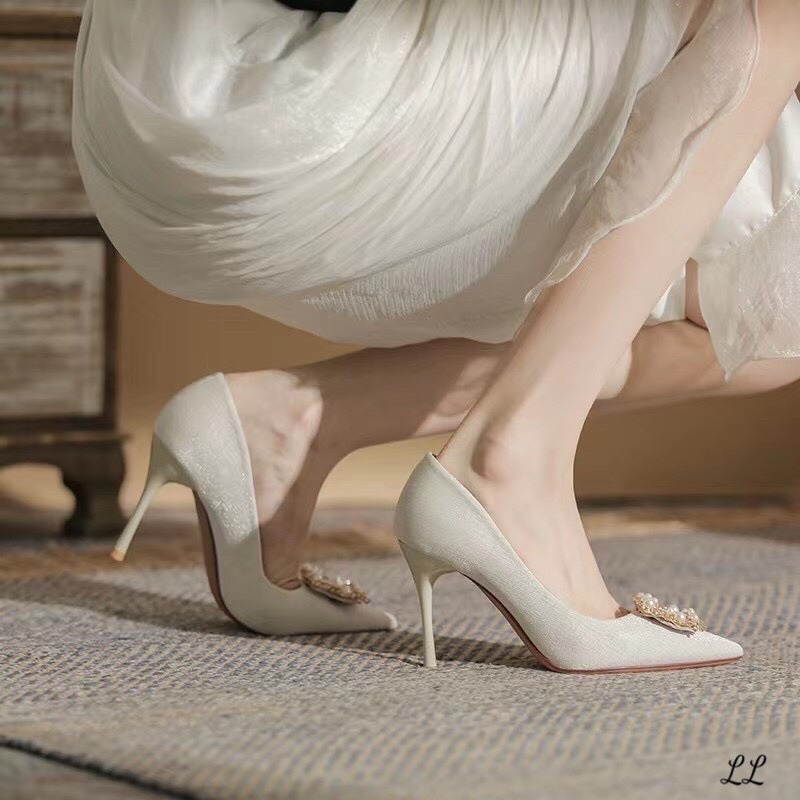 Giày Cao Gót Lụa Nơ Đá Ngọc