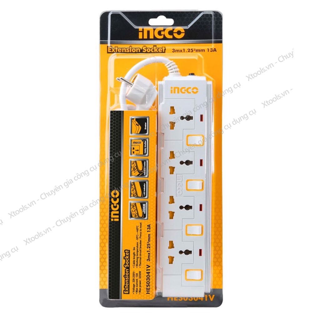 Ổ Cắm Điện Đa Năng INGCO HES03041V 4 ổ cắm công tắc riêng 13A chịu tải 3250W Dây đồng 3m chống cháy, quá tải, chống giật