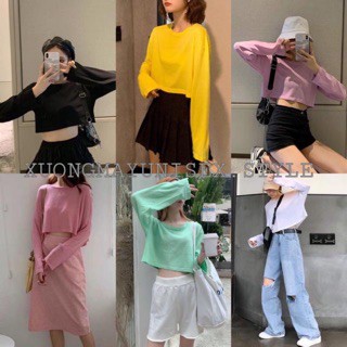 Áo Croptop Dài Tay Cổ Tròn💖𝑭𝑹𝑬𝑬𝑺𝑯𝑰𝑷💖Áo Croptop Rộng Trơn Thun Co Giãn 4 Chiều 2 Màu Thoáng Mát