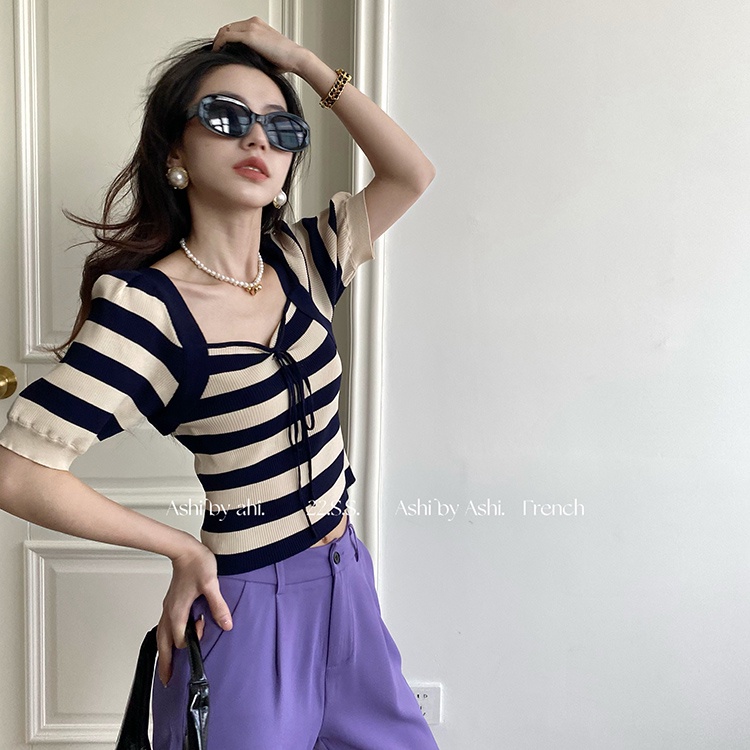 Áo dệt kim ZHELIHANGFEI ngắn tay cổ vuông kẻ sọc phối dây buộc thời trang trẻ trung
