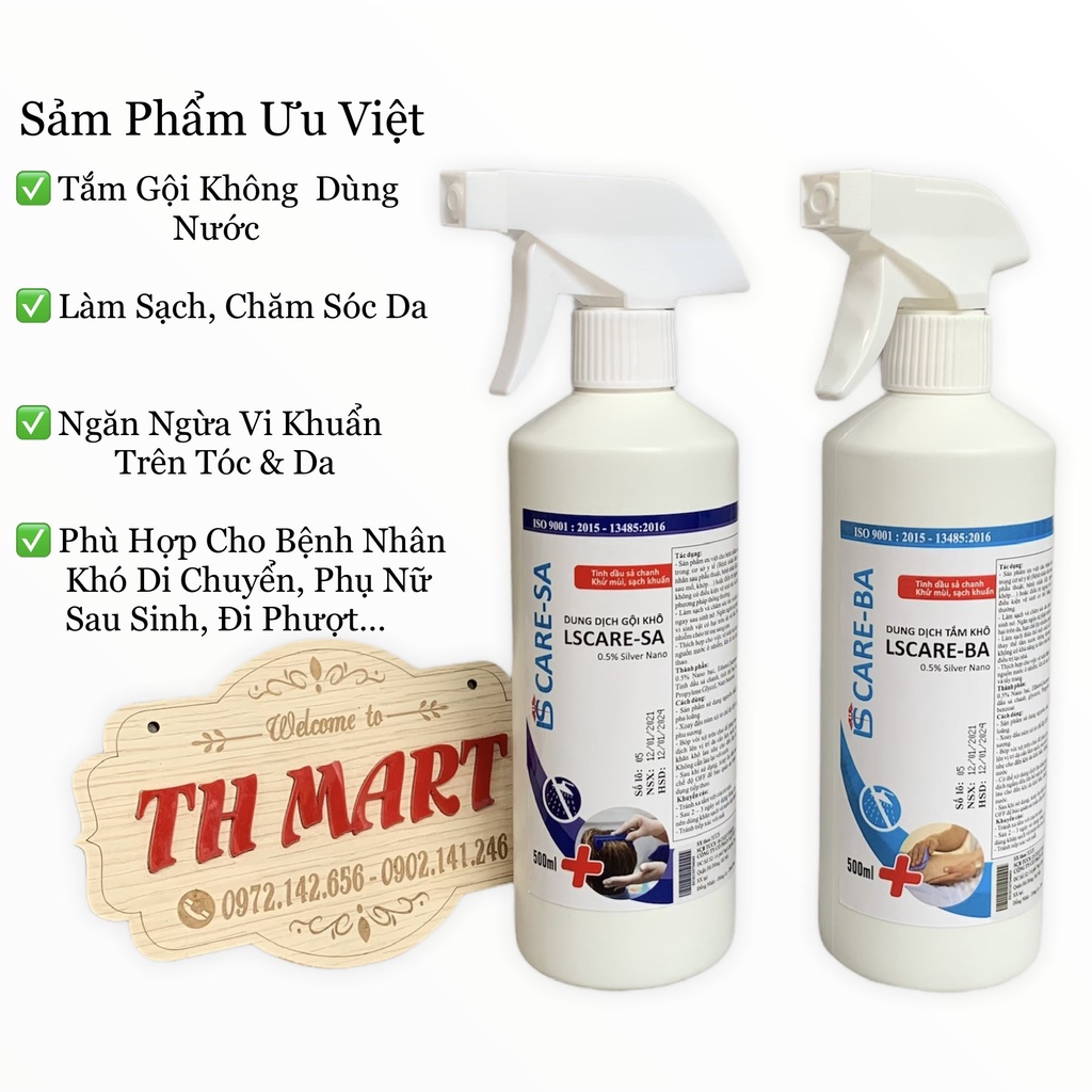 tắm khô, gội khô Lscare - Ba, dung dịch tắm gội không dùng nước kháng khuẩn hương thơn nhẹ (chai 500ml)