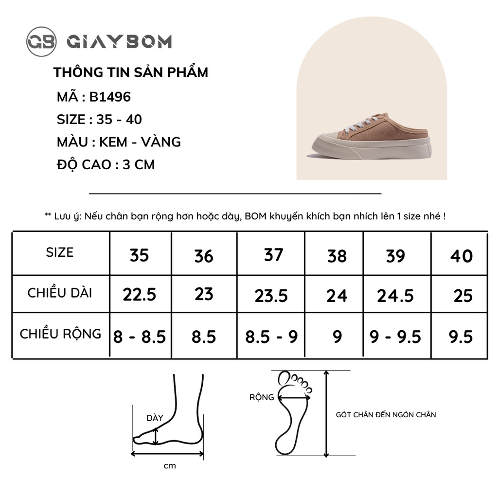 Giày Sục Thể Thao Nữ Giày BOM Sneaker Vải Canvas Đế Cao Bánh Mì Hở Gót 2 Màu Kem Vàng giayBOM GB Classics Mule B1496