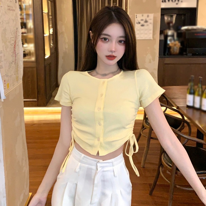 Áo Thun Crop Top Tay Ngắn Cổ Tròn Dáng Ôm Thiết Kế Độc Đáo Thoáng Khí Thời Trang Cho Nữ