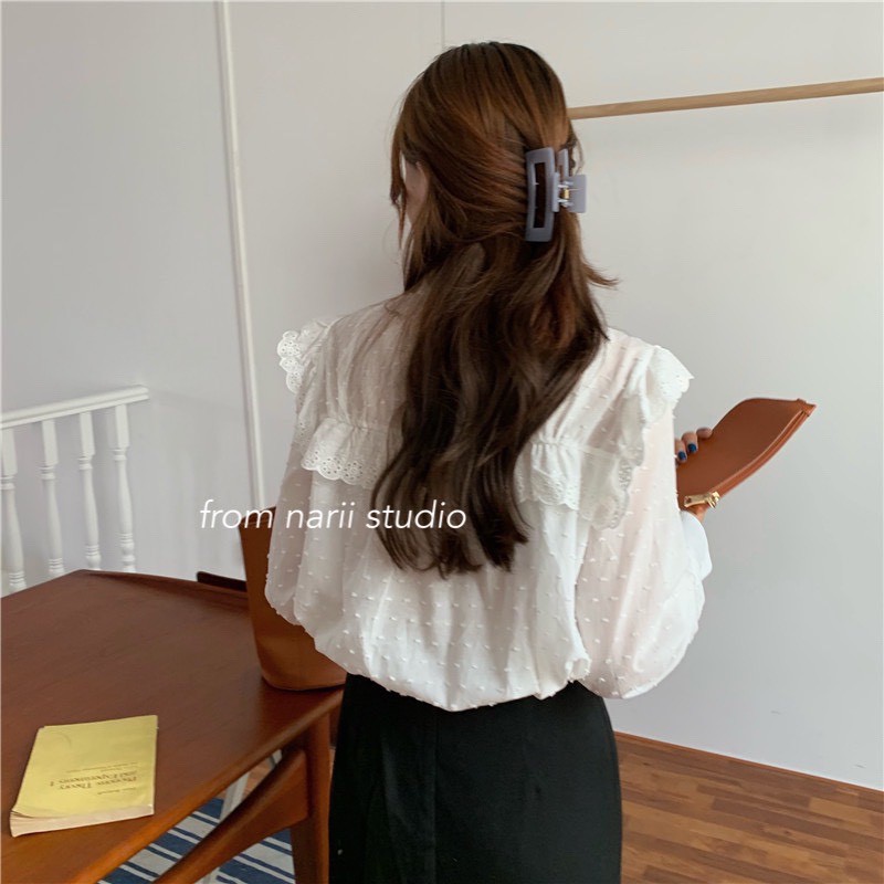 Áo sơ mi nữ tay dài NARII áo babydoll trắng Ulzzang Hàn Quốc bi ren