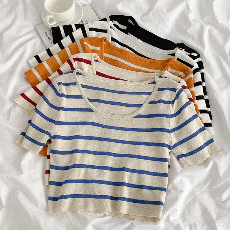 Áo Croptop Dệt Kim Tay Ngắn Cổ Tròn Thời Trang Mùa Hè Cho Nữ