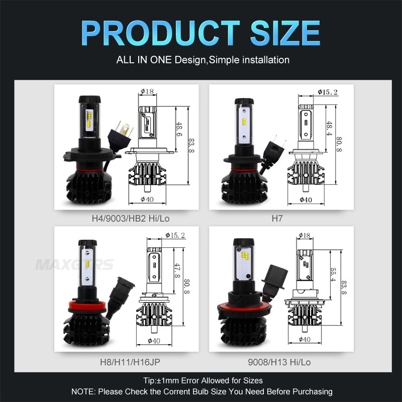 Set 2 Bóng Đèn Pha MAXGTRS Cho Xe Hơi H7 H4 H11 9005 Hb3 Hb4 H8 H13 H16