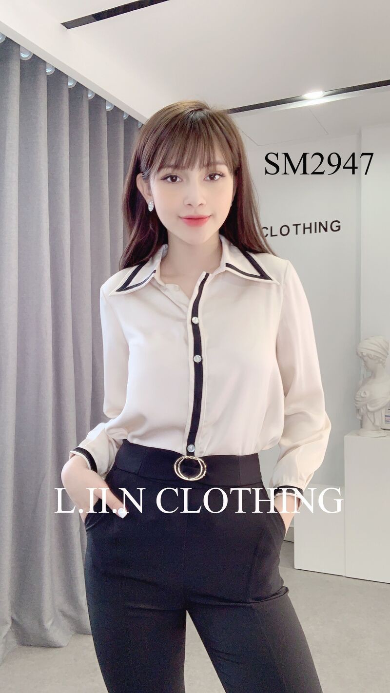 Áo sơ mi Lụa màu Be Viền Đen form công sở xinh xắn Liin Clothing SM2947