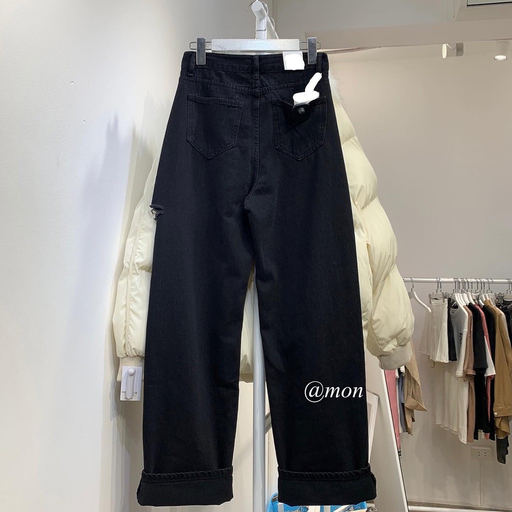 200950 Quần ống rộng dáng suông nữ ulzzang basic dáng dài rách 1 màu đen trơn có size