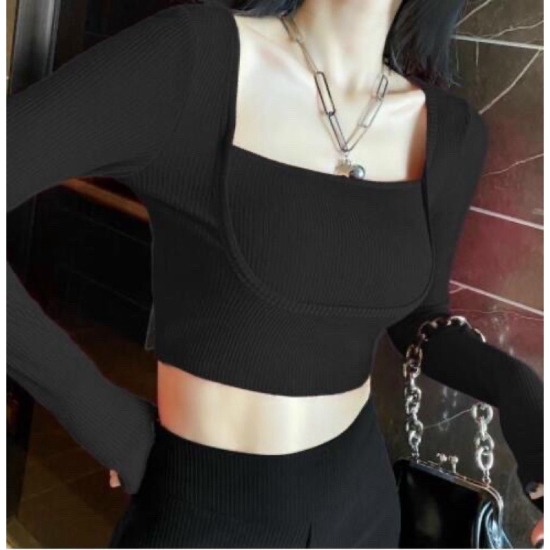 FREESHIP☘Áo thun gân len bo cổ vuông 2 tầng giả áo khoác c