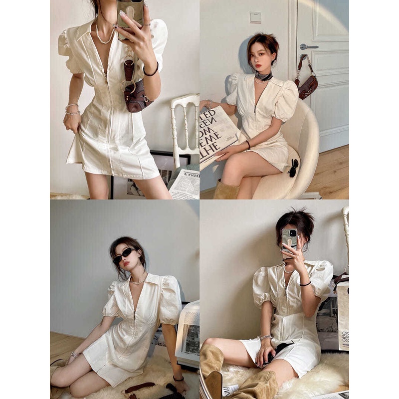 Đầm Tay Phồng Cổ Chữ V Khoét Sâu Dáng Chữ A Xếp Ly Thời Trang Mùa Hè Cho Nữ