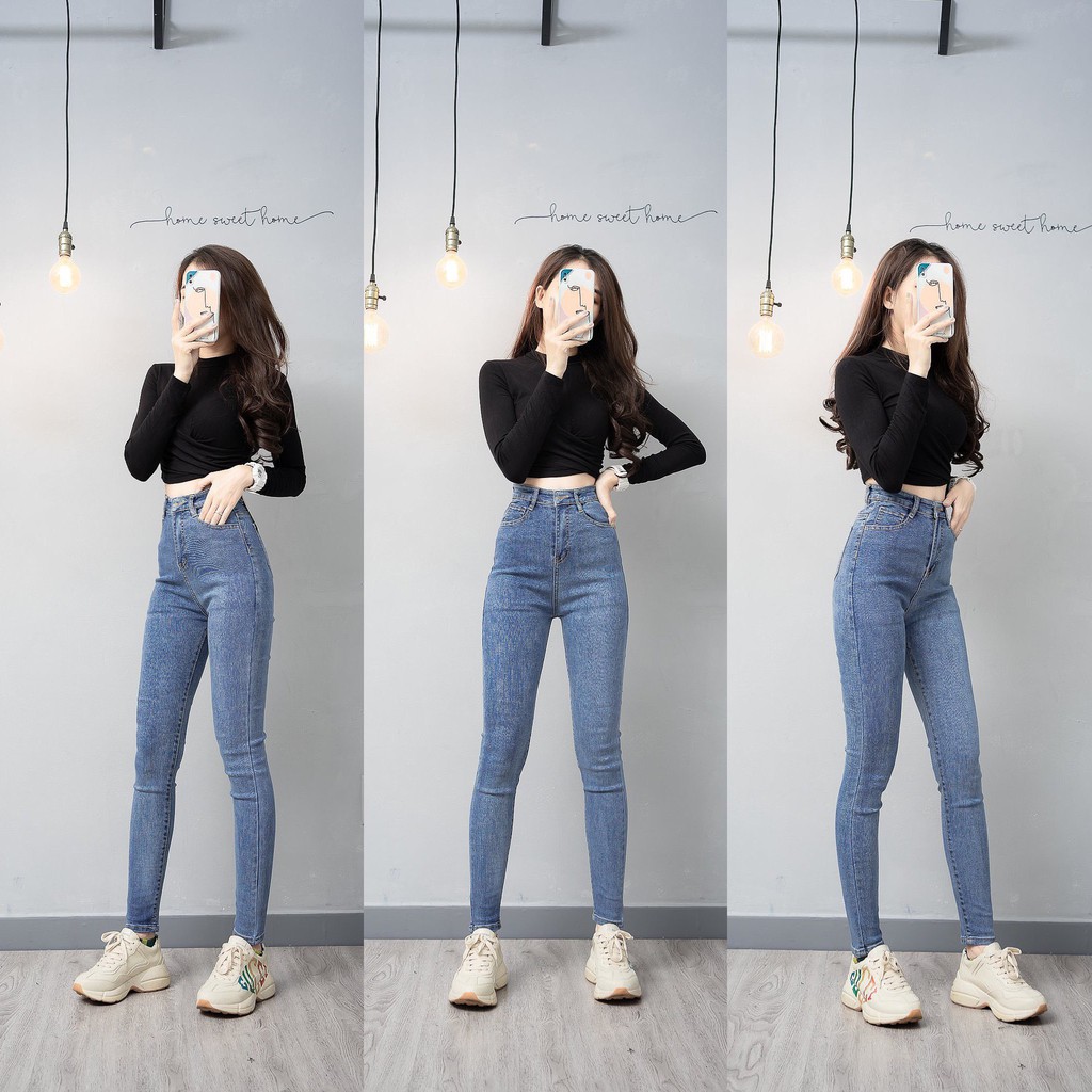 Quần Jean Co Giãn Lưng Cao, Quần Dài Nữ Dáng Ôm Trơn Cuốn Lai | BigBuy360 - bigbuy360.vn