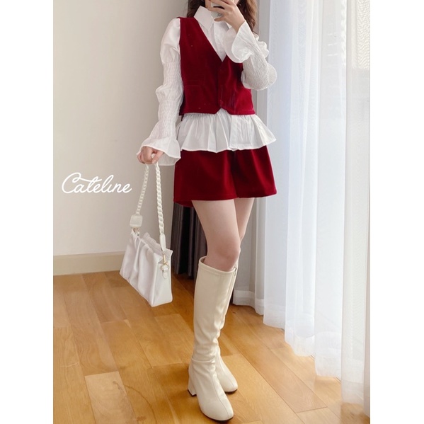 Set sơ mi nữ Cateline cổ đức tay bèo nhún gile short nhung tiểu thư sang chảnh - SCL004 | BigBuy360 - bigbuy360.vn