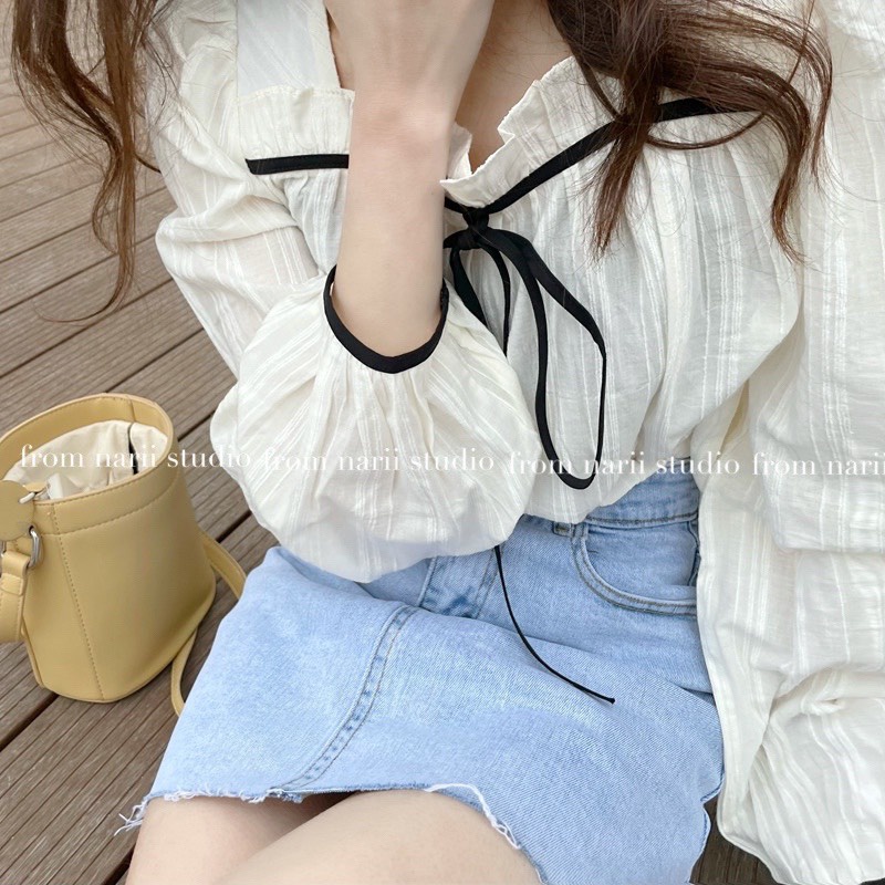 Áo sơ mi nữ tay dài NARII áo babydoll trắng Ulzzang Hàn nơ bèo viền