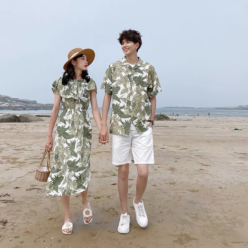 Set áo váy đôi hoạ tiết lá xanh maxi bèo vai chun eo đi biển dễ thương Forever Couple Store (giá gồm áo và váy) | BigBuy360 - bigbuy360.vn